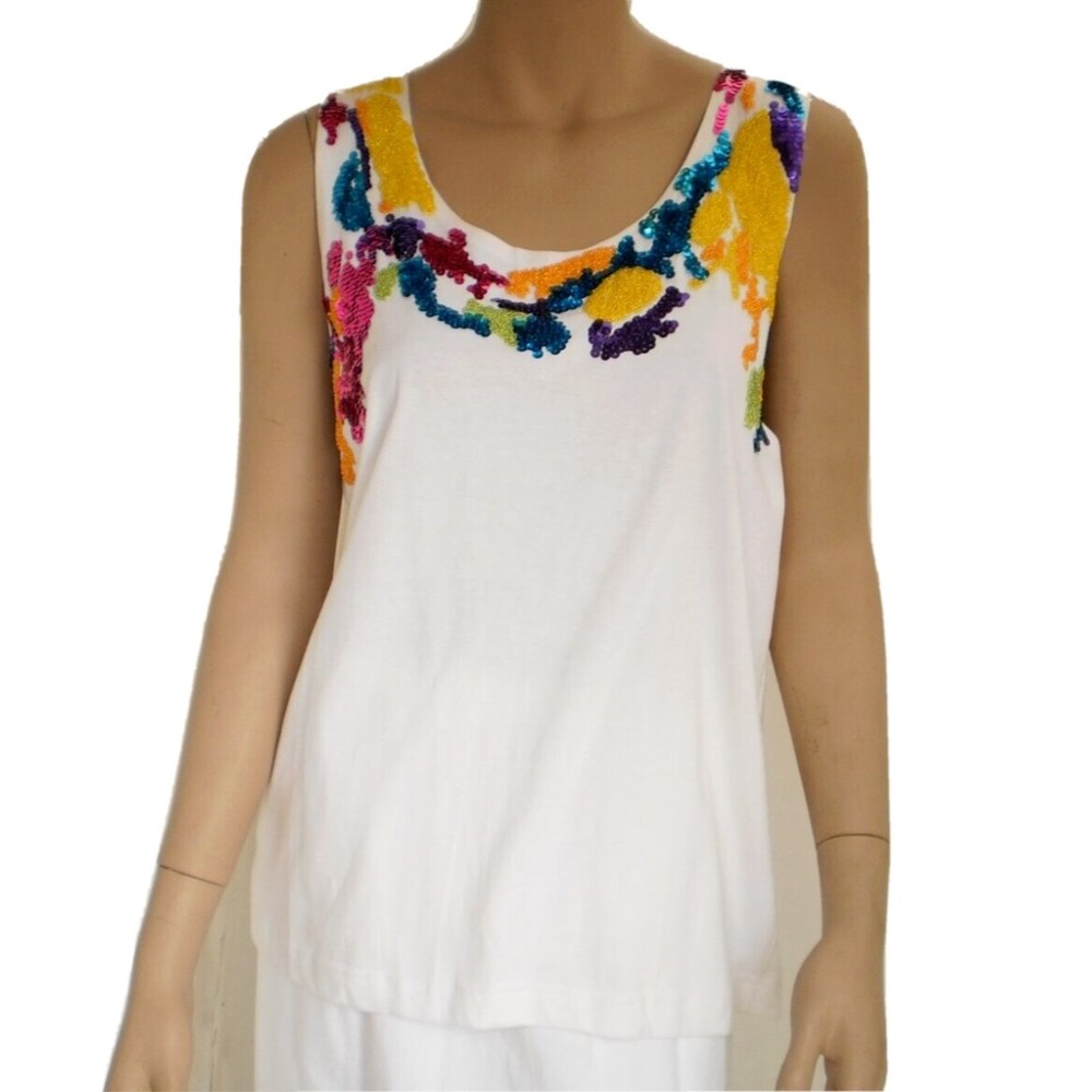 Vintage Gene Ewing Yellow Pink Blue Sequined White Tank Top Womens Size Medium
